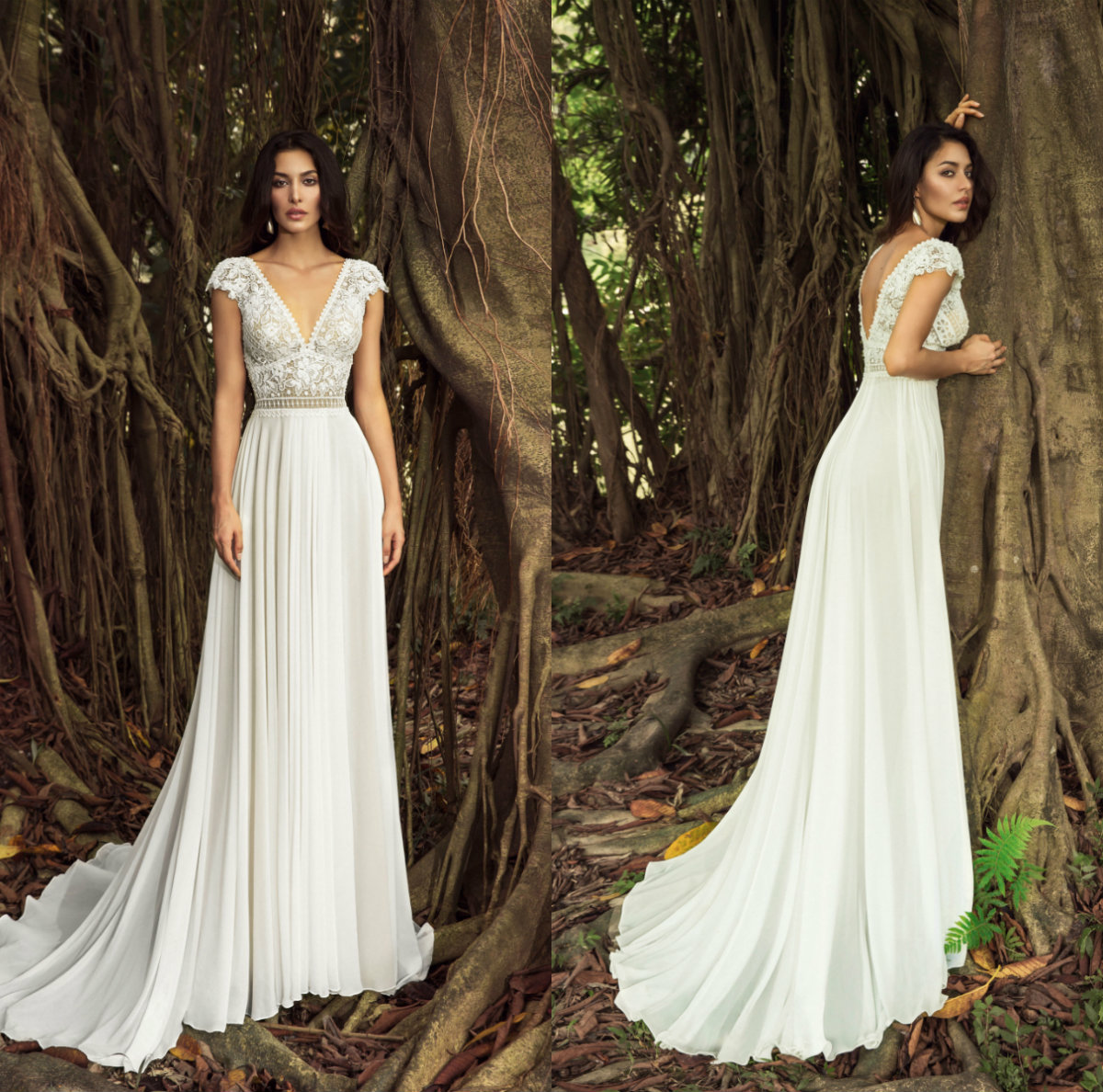Chic Nostalgia A e Bohemian Dresses V Neck Cap Sleeves Lace Appliques Chiffon Skirt Boho Wedding Dress Plus Size Bridal Gowns