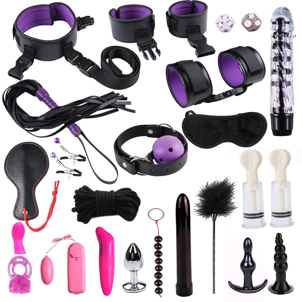 BDSM Vibrator Bondage Set Sex Toys pour Femmes Hommes Pinces à Mamelon Main Fouet Fessée Sexe Silicone Métal Anal Plug Butt Y191207