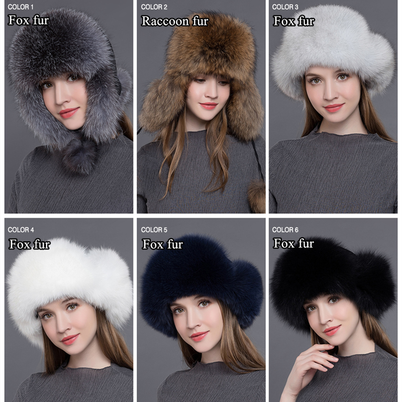 Gours Fur Hat for Women Natural Raccoon Fox Fur Russian Ushanka Hats Winter Thick Warm Ears Fashion Bomber Cap Black New Arrival LY191228