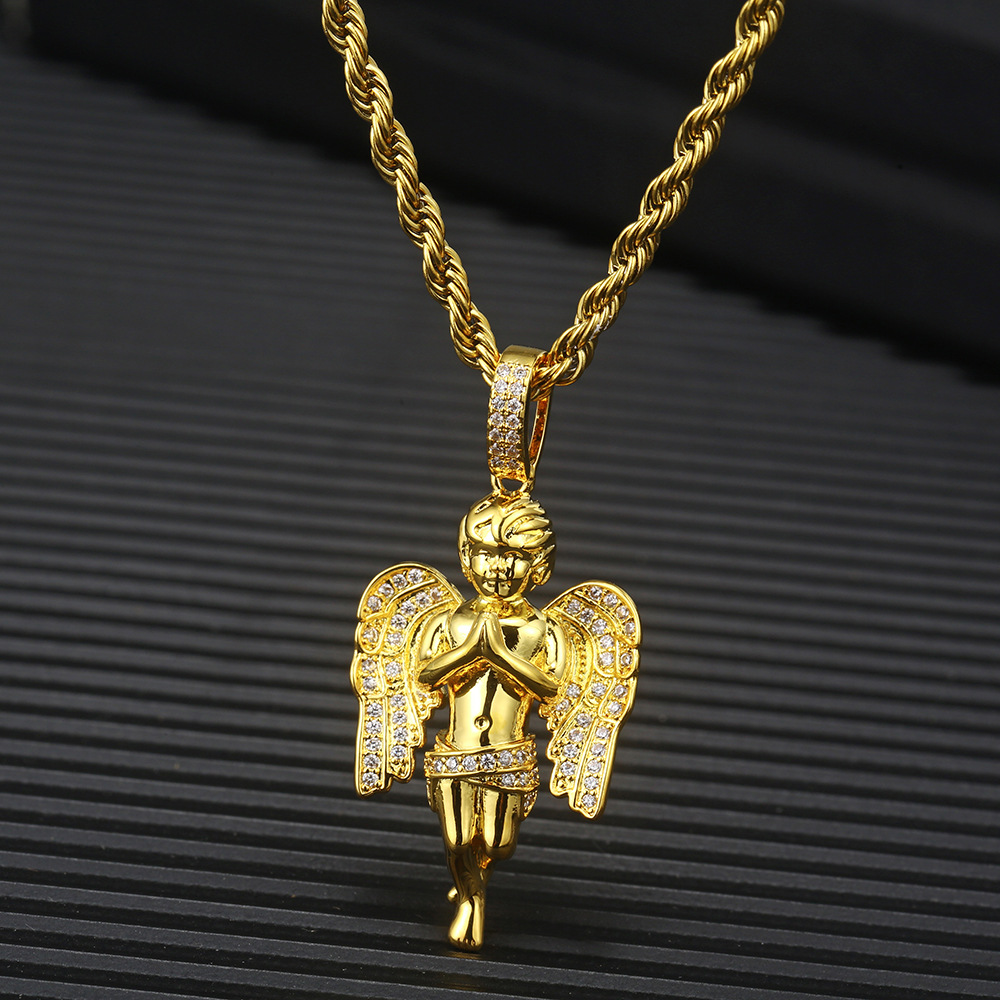 Hip Hop Prayer Angel Pendant Necklace Shining Full Diamond Stone Stainless Steel Bling Charm Pendants Jewelry
