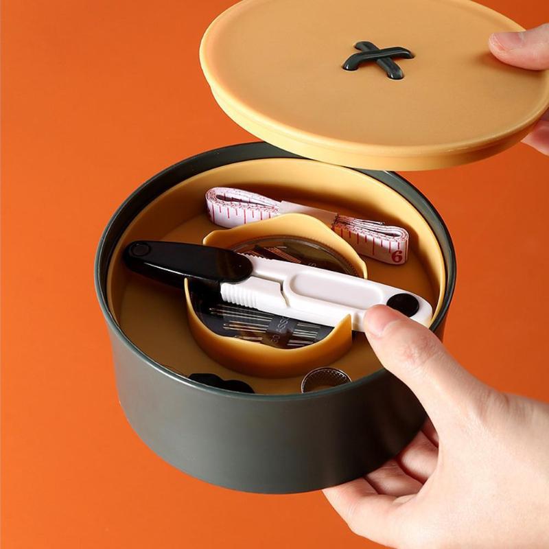 Round Button Shape Sewing Box Home Thimble Tape Measure Set