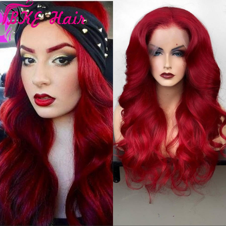 Bouncy wavy Red Lace Frontal Wigs Pre Plucked Deep Part Burgundy red Glueless synthetic Wig For Black Women can be braided