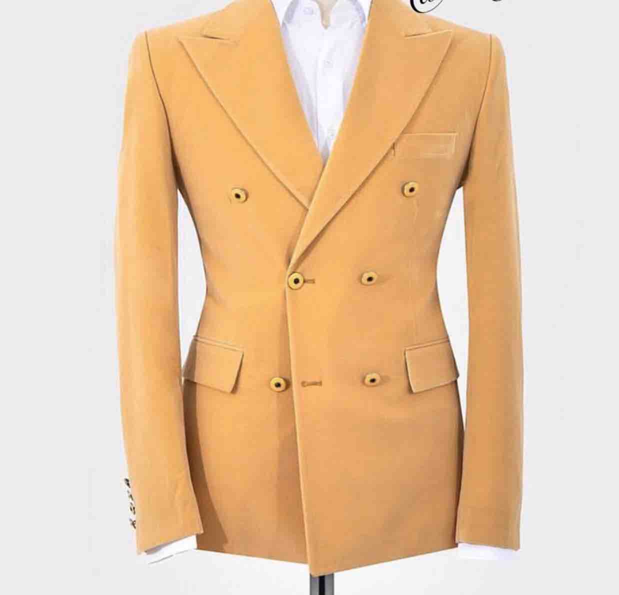 Hot Sale Double-Breasted Yellow Wedding Men Suits Peak Lapel Two Pieces Business Groom Tuxedos (Jacket+Pants+Tie) W1221