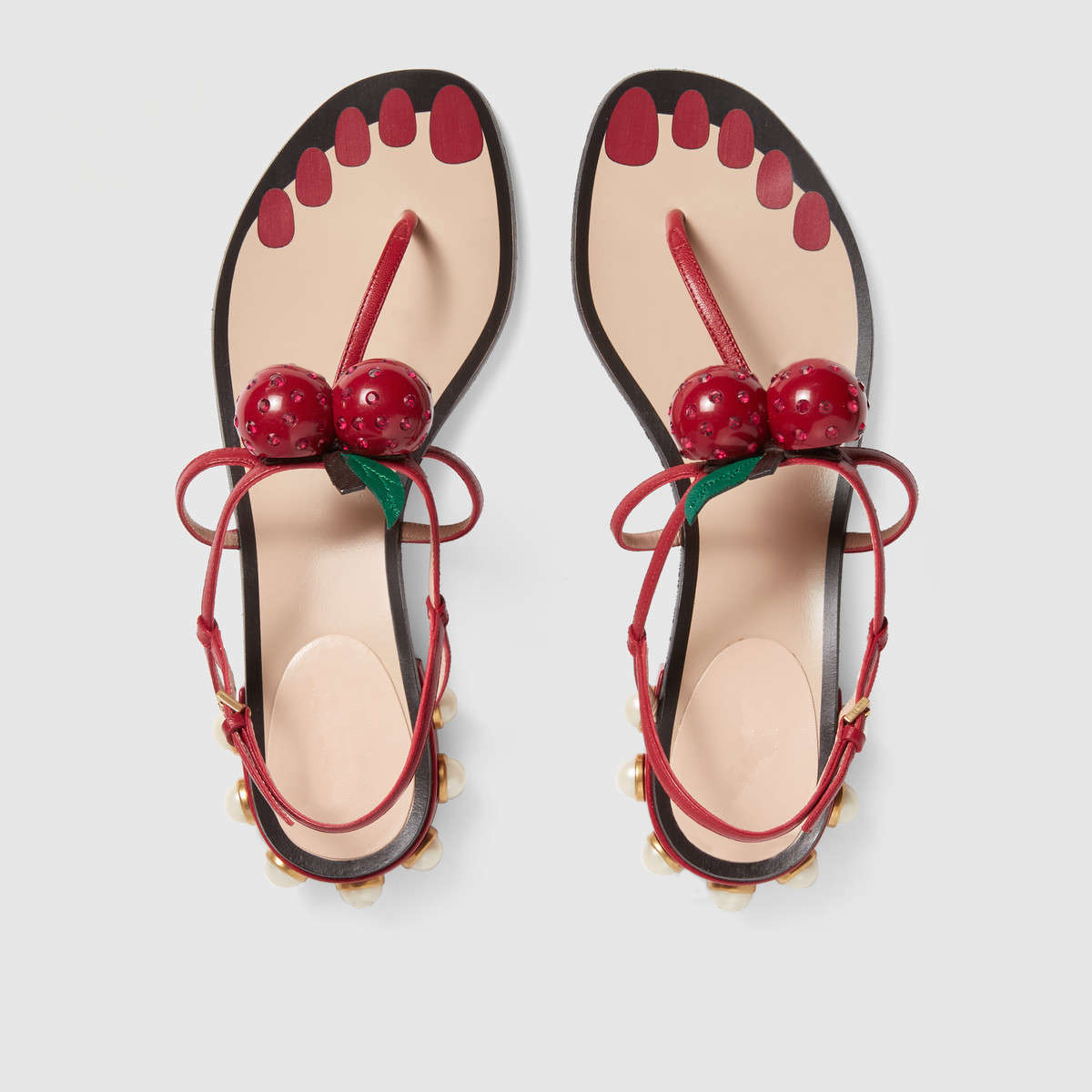 Cheery Leather Thong Gladiator Sandals Women Glass Pearl Studded Heels Flip Flops Painted Nails Beach Slides Ankle Strap Flat Shoes