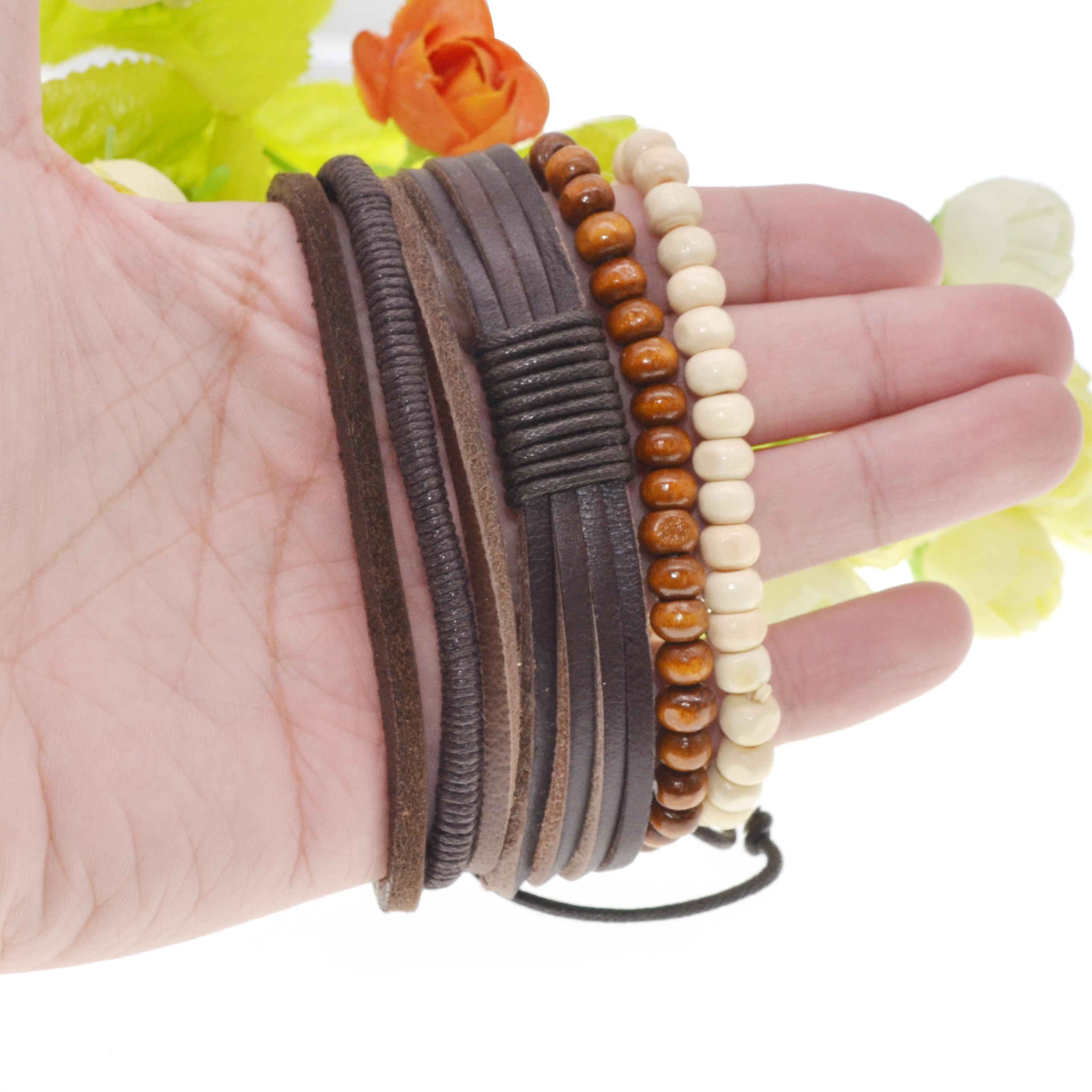 Men and women leather winding bracelet handmade pearl leather handmade wooden beads woven beaded bracelet