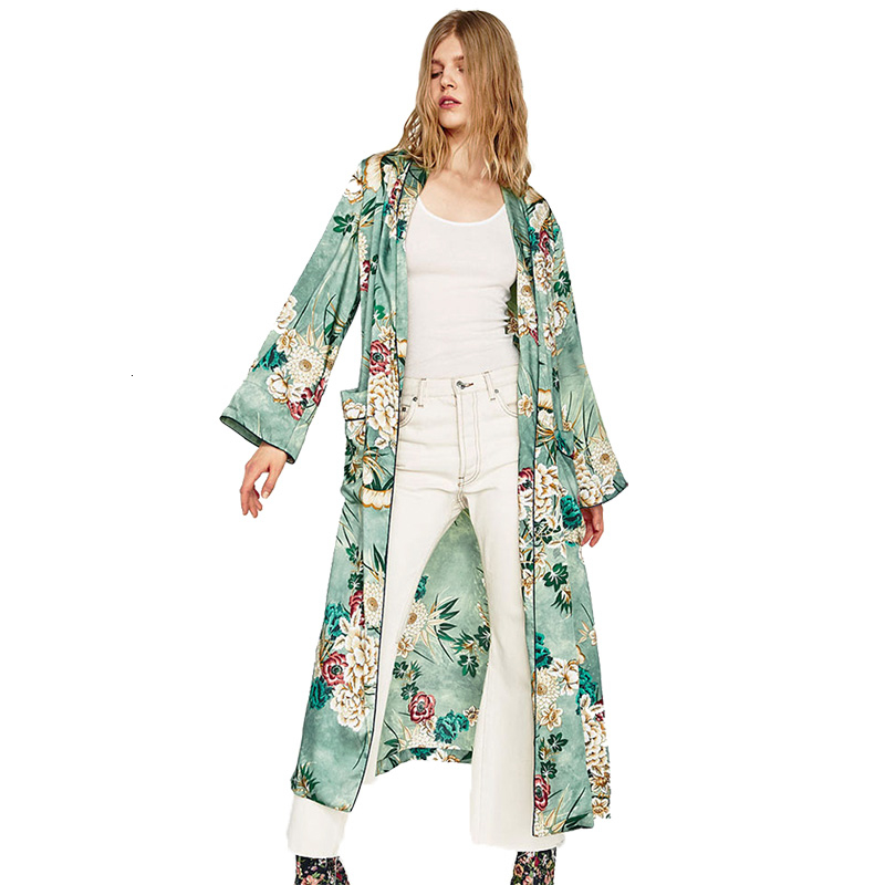 2019 New Vintage Pareo Retro Floral Print Green Long Kimono Jacket Long Sleeve Cardigan Maxi Shawl Summer Tops Belted Beachwear V191019