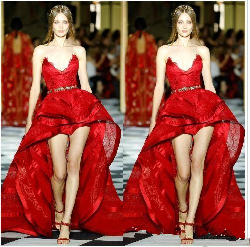 Zuhair Murad Red Evening Dresses V Neck Lace High Low Tulle Prom Gowns Plus Size Formal Party Dress Abendkleider robes de soirée