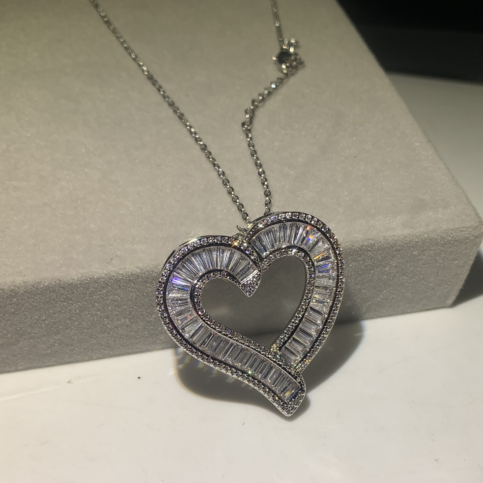 Sterg Sier Full Princess Cut Cubic Zirconia Heart Pendant Necklace for Women