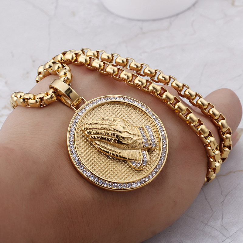 Hip Hop Playing Hands Pendants Necklace Men's Bling 316L Stainless Steel 18K Gold Plated Christian Jewelry