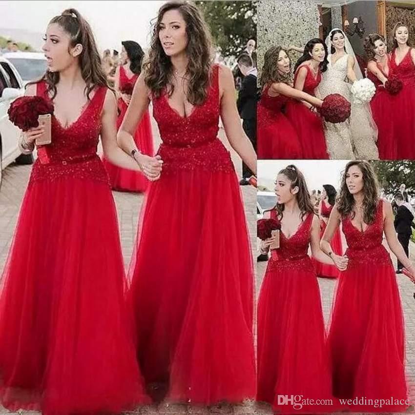 V-Neck 2020 Deep Bridesmaid A-Line Lace Applique Sleeveless Prom Dresses With Sequins Charming Evening Dress Custom Made