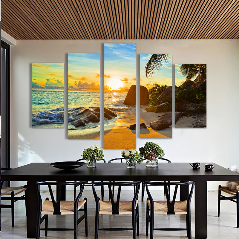 Modern Home Wall Art Decor Frame Modular Canvas Oil Pictures HD Print Painting 5 Panel Ocean Sunset Beach Seascape Poster No Framed
