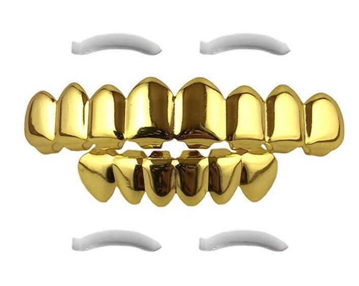 2019 Hot sale 8 Teeth Fangs Fashion Gold plated Rhodium HIPHOP Teeth Grillz TOP & BOTTOM Rock Dental Grills Sets Halloween props