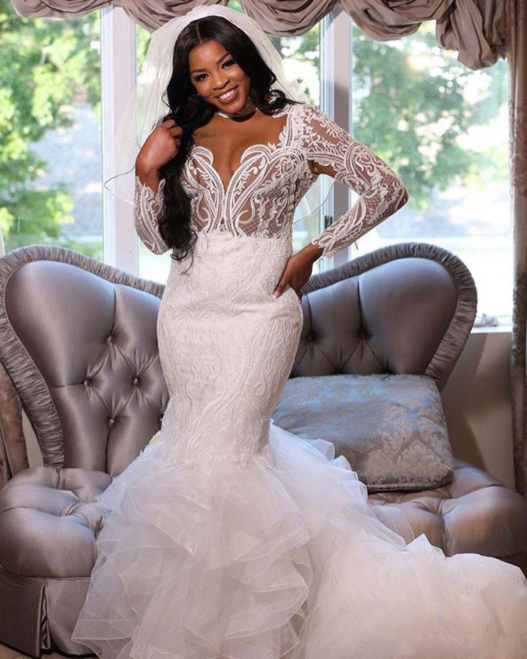 Fabulou Mermaid Lace Ackle Wedding Dree High Neck Long Sleeve Ridal Gown Plu Size Sweep Train Tulle Tiered Robe