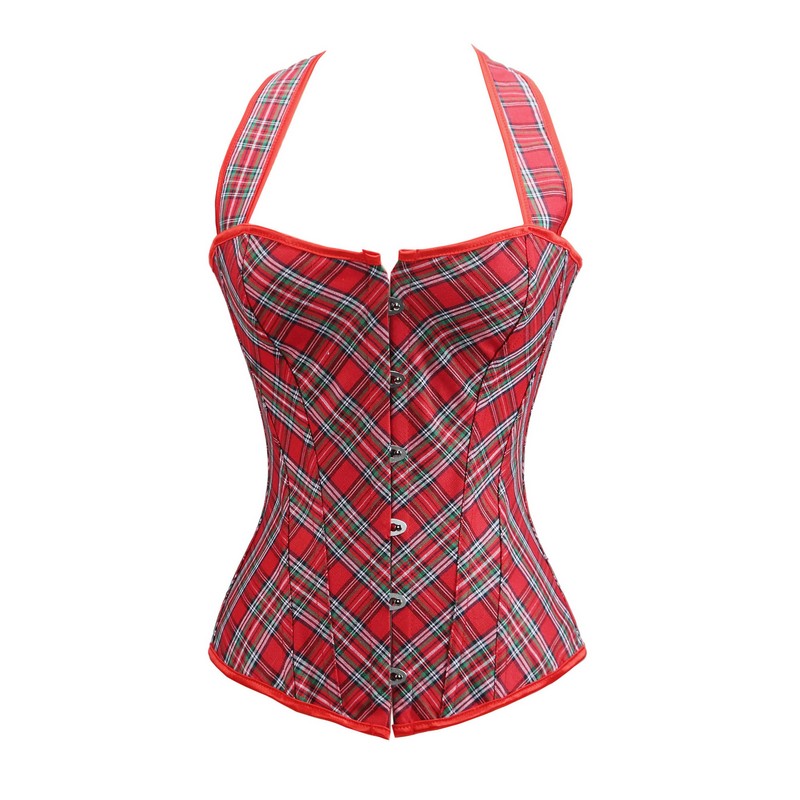 Red Checked Halterneck Corset and G-String Set Women Fashion Plus Size S-6XL British Style Plaid Overbust Lace-up Corsetlet