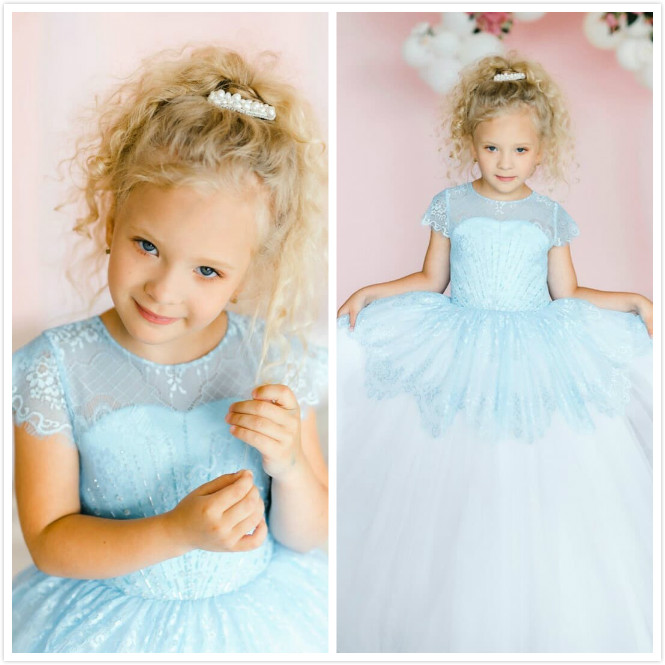 Lace Beaded Cheap Flower Girl Dresses Crew Ball Gown Little Girl Wedding Dresses Cheap Communion Pageant Dresses Gowns F221