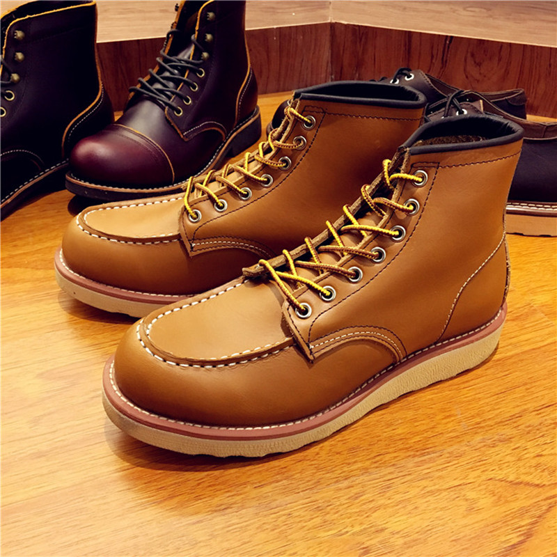 Hot Sale-Vintage Men Shoes Lace-Up Genuine Leather Boots Wing Male Handmade Work Travel Wedding Ankle Boots Casual Fashion Red Boots 875