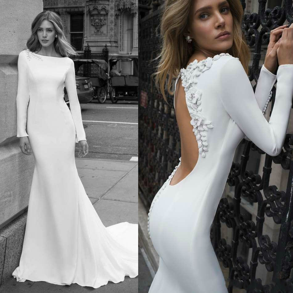 winter mermaid wedding dresses satin long sleeve applique beads backless sweep train bridal gowns plus size beach bohemia wedding dress