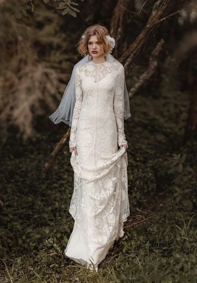 Dresses Jewel Sheer Neck Long Sleeve Lace Appliques Pastoral Vintage Wedding Bridal Gowns 21 0510