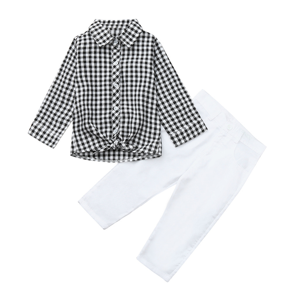 Kids clothes girls Clothing Set 2PCs Baby Outfits Clothes Plaid T-shirt Blouse Tops Long Pants Set roupas menina