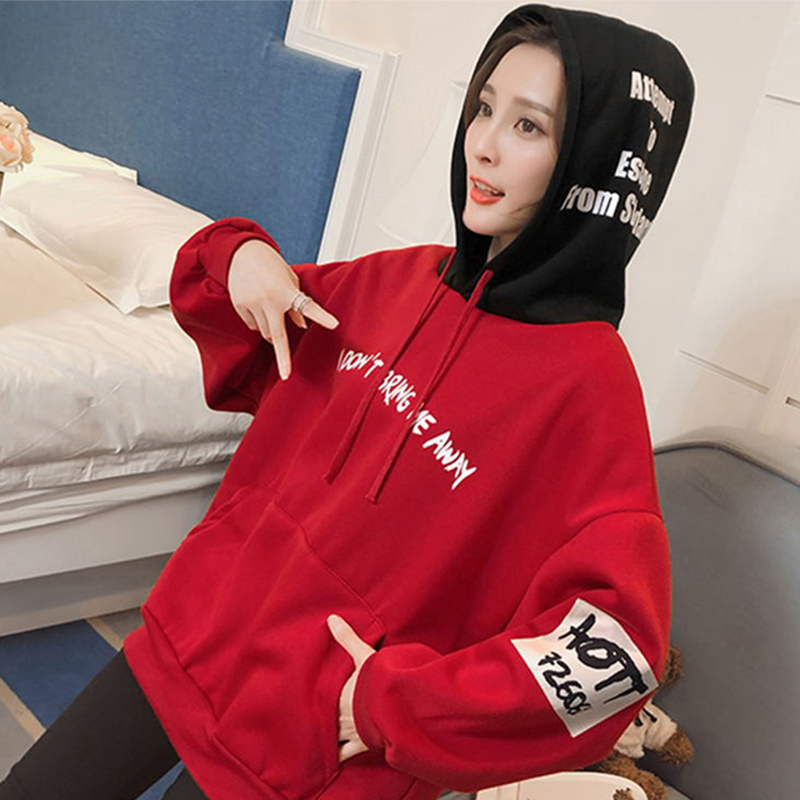 Harajuku Hooded Letter Print Women's Sweatshirt Black Red Patchwork Hoodies Women 2019 Spring Contrast Color Loose Hoody Female T200407
