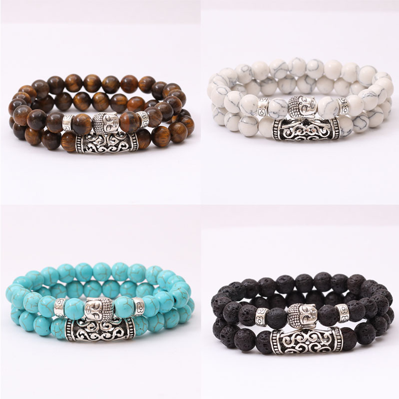 Natural Gemstone Turquoise Volcanic Rocks Tigers's eye Bead Bracelet Men Womens Double Layer Buddha Charms Stackable Bracelet Jewelry