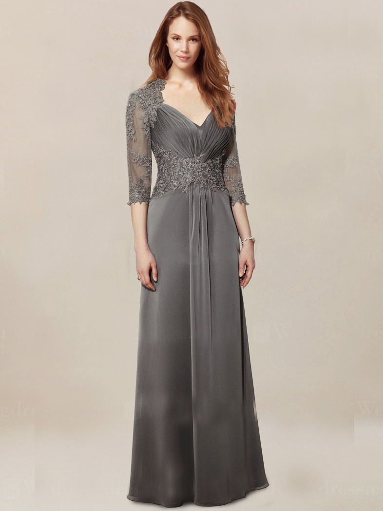 mother of the bride dresses v neck 3 4 sleeves illusion appliqued lace beaded mother gown floor length custom made wedding guest gown