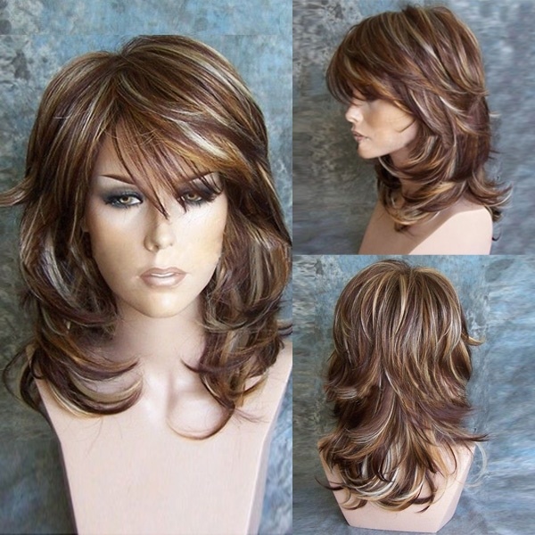 

Medium Side Bang Highlighted Layered Slightly Curled Brown Hair Synthetic Wig, Mix color