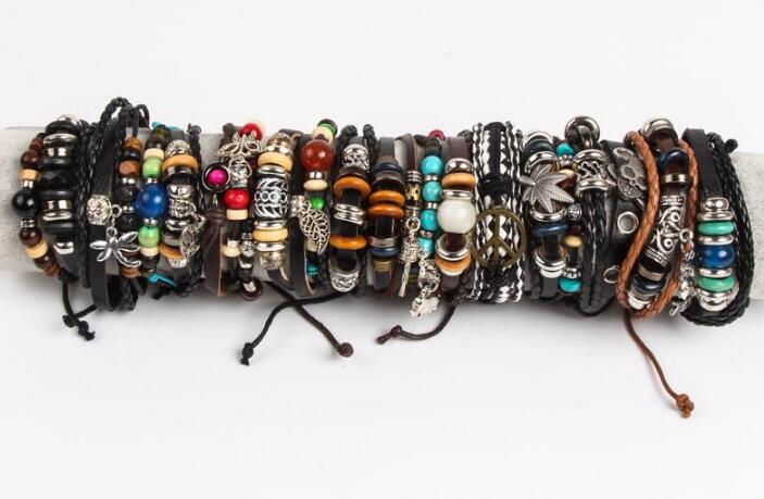 hot Bulk Mix Styles Beads Pendant Leather Bracelet Metal Leather Cuff skull punk rock sport Bracelets Men's Women's Jewelry Party Gifts