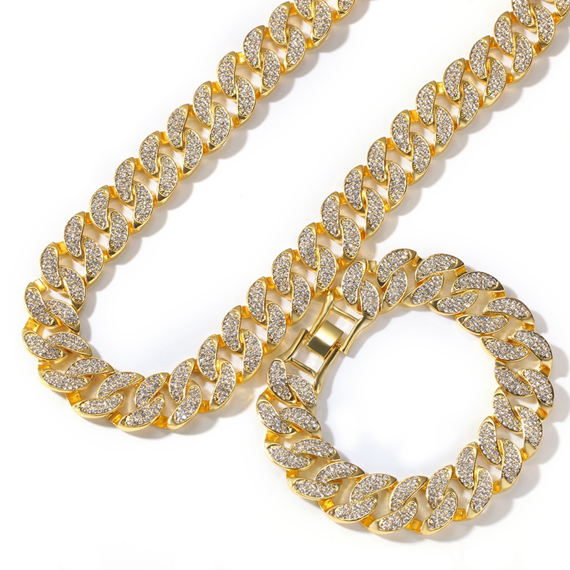 Hip Hop Bling Chains Jewelry Men Gold Bracelets Necklace Iced Out Miami Cuban Link Chain