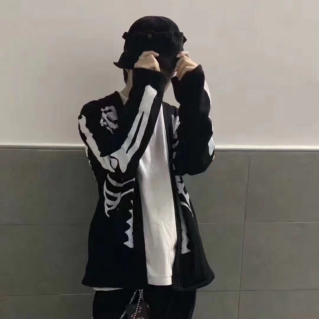 Mens Jackets Fashion High Street BONE Bones Robe Coat Cardigan Skeleton Ribs Printing Casual Outwear