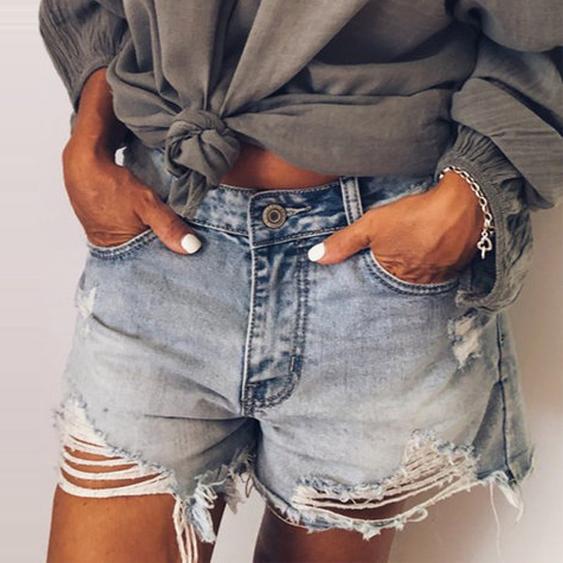Women' Denim Shorts Washed And Worn Plus Size Slim Jeans, Blue