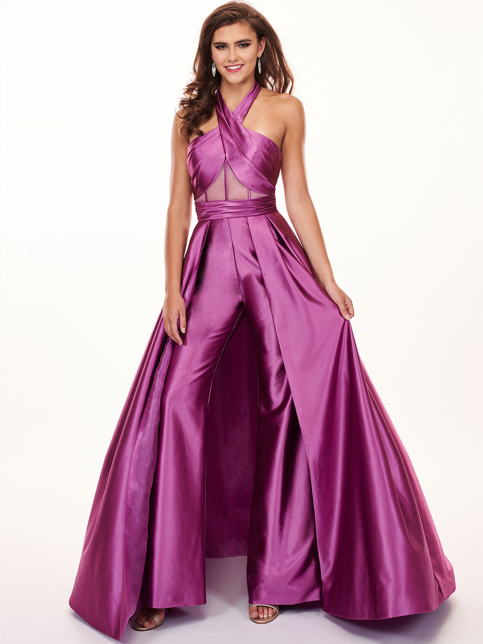 Royal Blue Halter Prom Dresses Jumpsuits Gloosy Satin Backless Sweep Train Pants Suits Evening Gowns Plus Size Party Dress Abendkleider