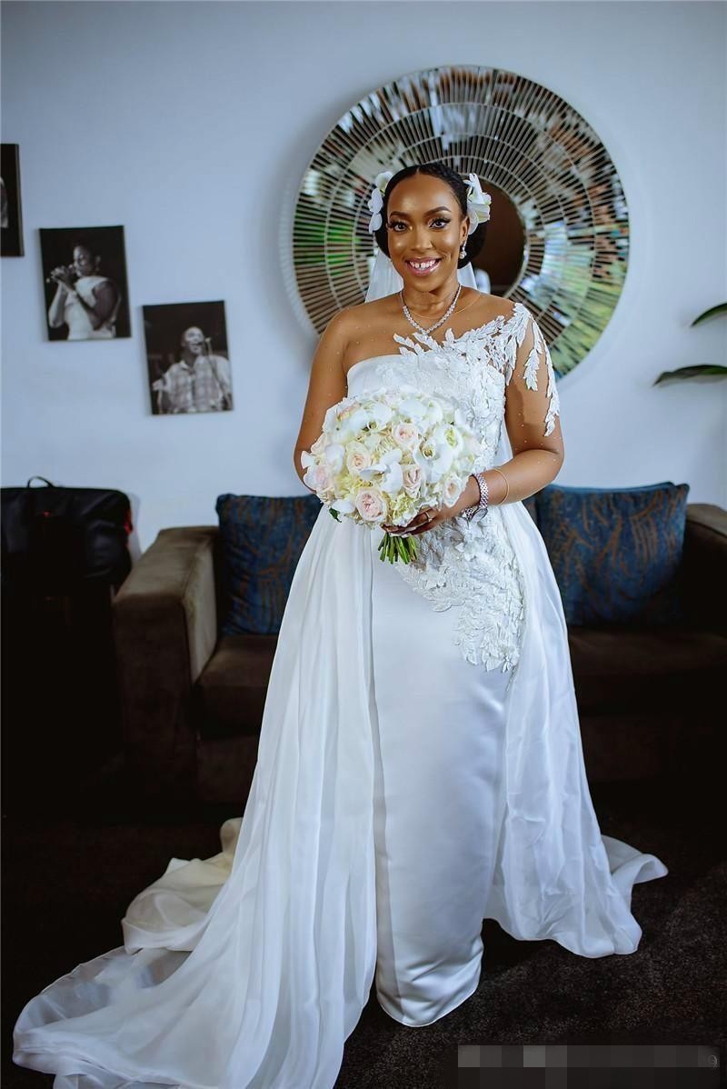 Long Sleeves Mermaid Dresses One Shoulder Satin Chiffon Lace Applique Detachable Train Plus Size Wedding Gown Vestido De Novia