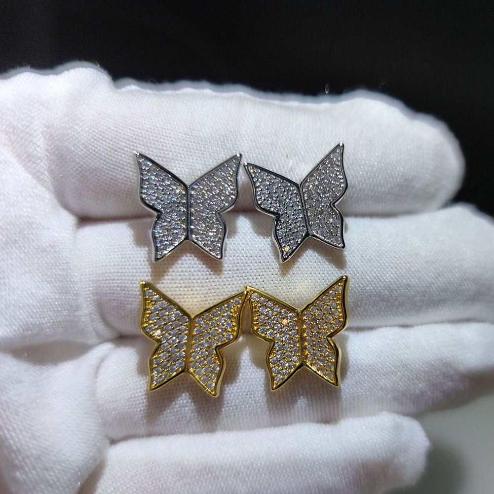 Hip Hop Full Zircon Butterfly Stud Earrings New Style Dangle Earrings 18k Gold/Platinum Plated Jewelry Wholesale
