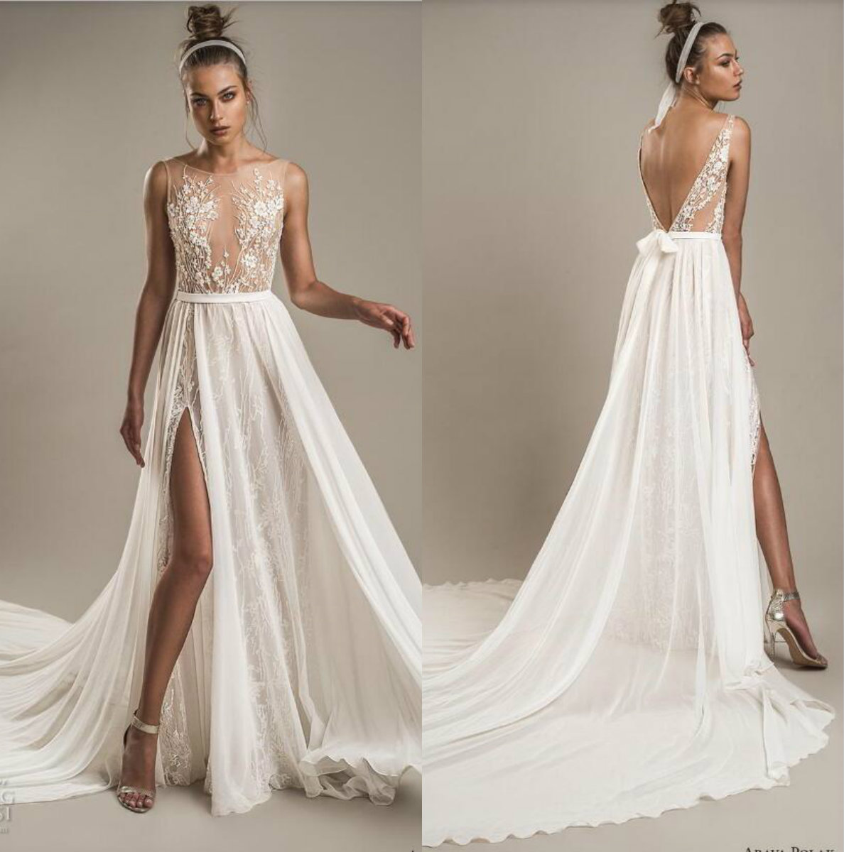 2019 Cheap Beach Wedding Dresses With Detachable Overskirts Illusion Bodice Lace Appliqued Sexy Side Split Bridal Gowns A Line Wedding Dress