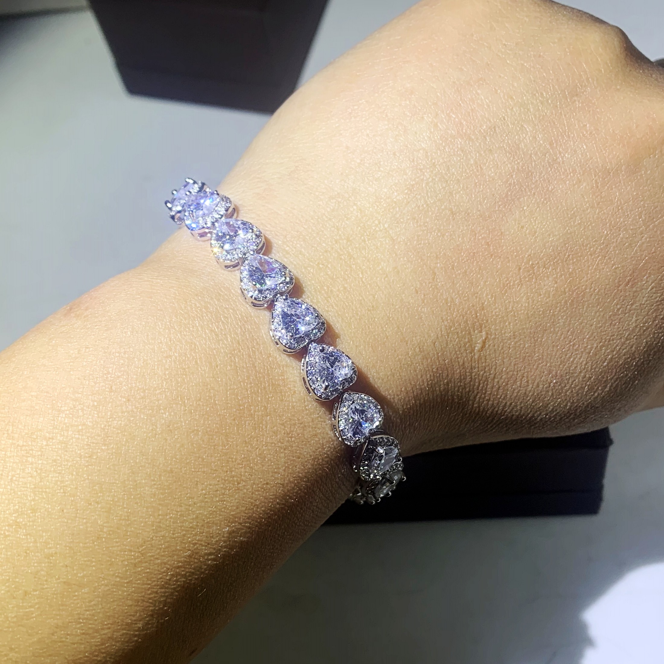 Sterg Sier Heart Bracelet: Pear Cut White Topaz Simulated Dias