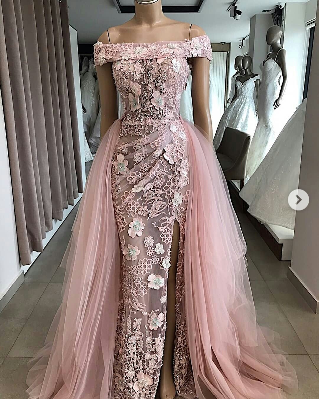 Gorgeous Mermaid Prom Dresses With Detachable Overskirts Lace Appliqued Beads Pearls Evening Gowns Side Split Off The Shoulder Party Dress