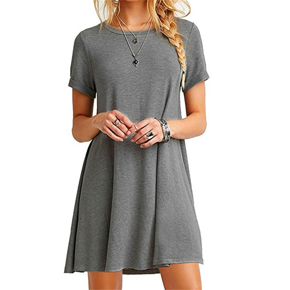 Summer Mini Tent Dress Casual Round Neck Gray Army Green Black Khaki Plain Basic Short Sleeve Ladies Dresses 2019 Women Bohemian Dress