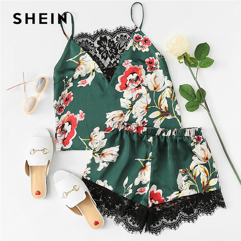 SHEIN Floral Print Lace Cami Top And Shorts Satin Pajama Set 2018 Women Spaghetti Strap Sleeveless Patchwork Elegant Sleepwear S1015 V191216, Multi-color
SHEIN Floral Print Lace Cami Top And Shorts Satin Pajama Set 2018 Women Spaghetti Strap Sleeveless Patchwork Elegant Sleepwear S1015 V191216, Multi-color