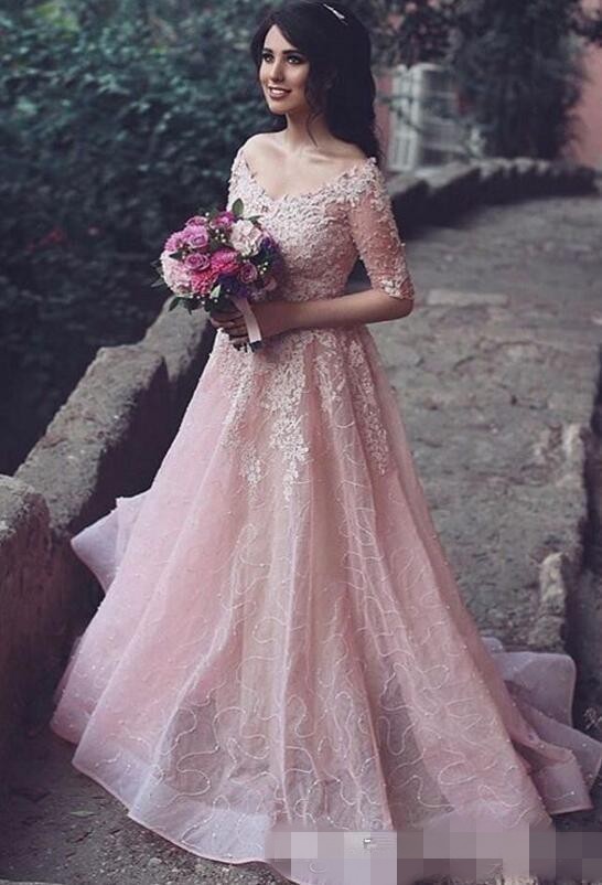 Blush Sleeves Half Pink Prom Dresses Sequins Off The Shoulder V Neck Sweep Train Custom Lace Applique Beaded Eevening Party Gowns