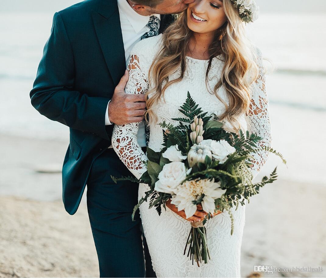 Lace Vintage Full Long Sleeves Boho Bridal Dresses Plus Size Court Train Garden Beach Wedding Dress Gowns For Brides