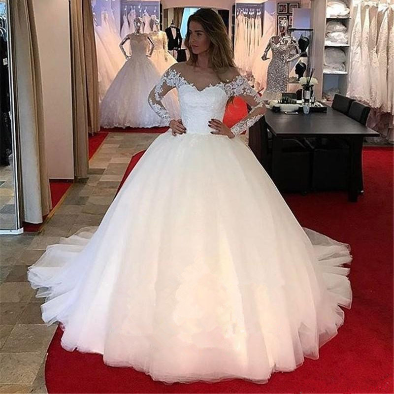 2020 lace Latest Fashion Wedding Dresses A Line Princess Brides gown Ceremony Church tulle Sheer Neck wedding Gowns