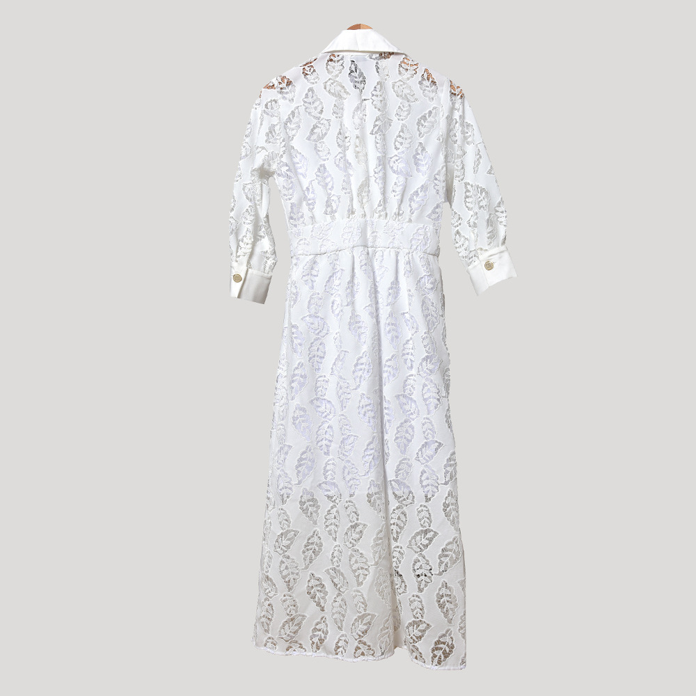 2020 Spring Summer 4/5 Sleeve Lapel Neck White Floral Print Embroidery Buttons Mid-Calf Dress Women Fashion Dresses W1815068