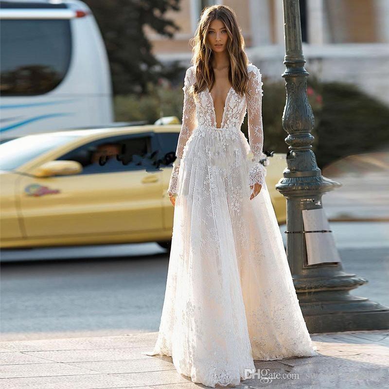Bohemian A Sexy e Dresses Deep V Neck Lace Applique Long Sleeves Pleats Beach Wedding Dress Bridal Gowns Vestidos De Noiva Boho pplique estidos