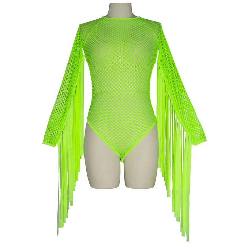 Womens Fashion Stage Wear Goddess Tassle Fringe Bodysuits Fluorescent Neon Green One Piece Bodysuits Women Sexy O-Neck Mesh Hollow Out Festival Outfit