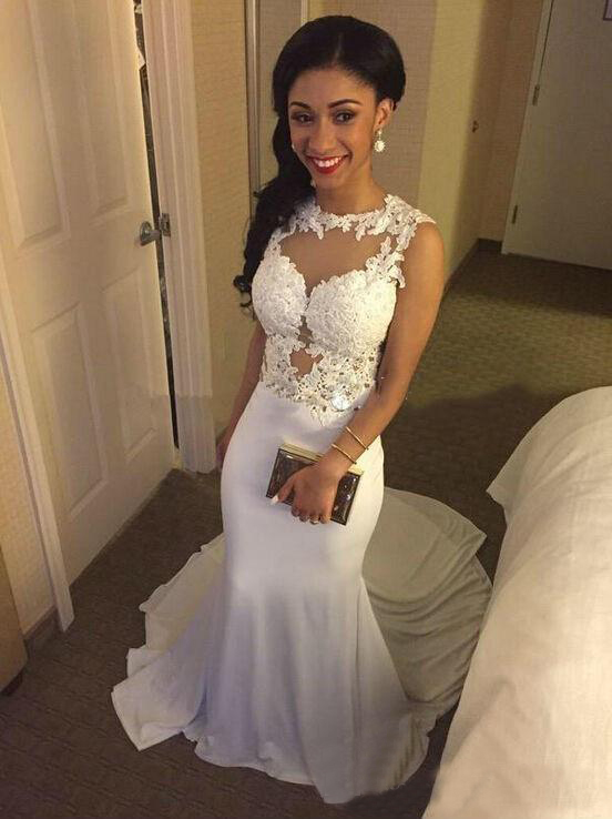 Long Mermaid Evening Dresses Party Gowns Illusion withe Lace Appliques Chiffon Prom Dress vestidos de noche free shipping