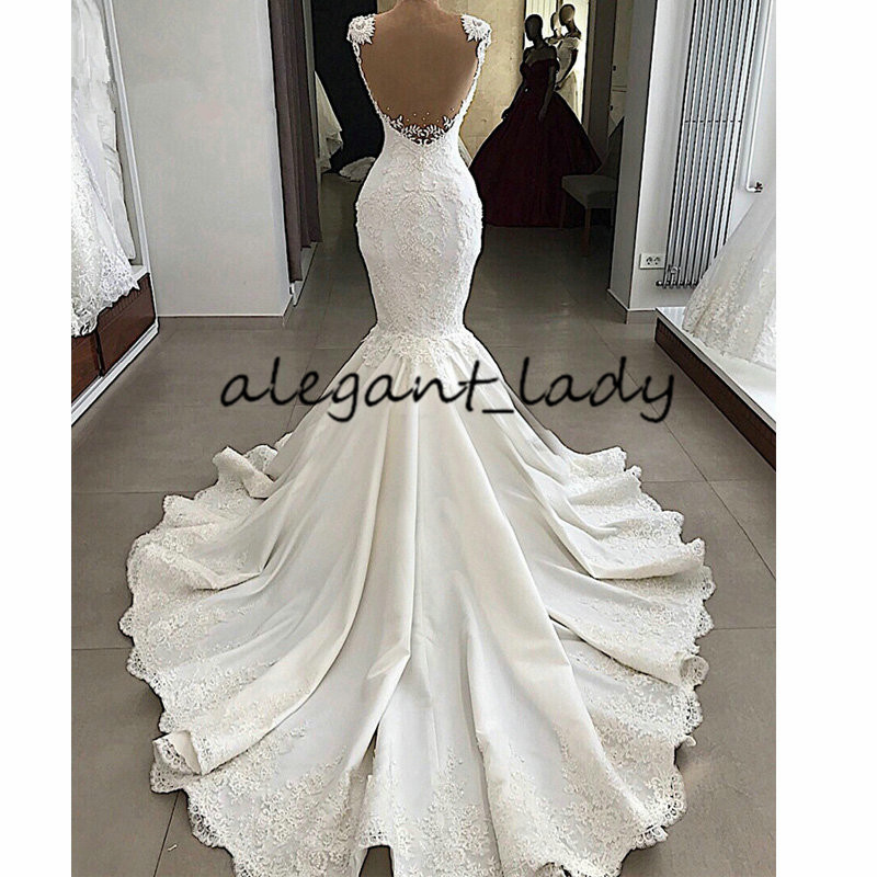 luxury mermaid wedding dress sheer nude back beading lace satin vneck robe de mariee ivory white real wedding gown