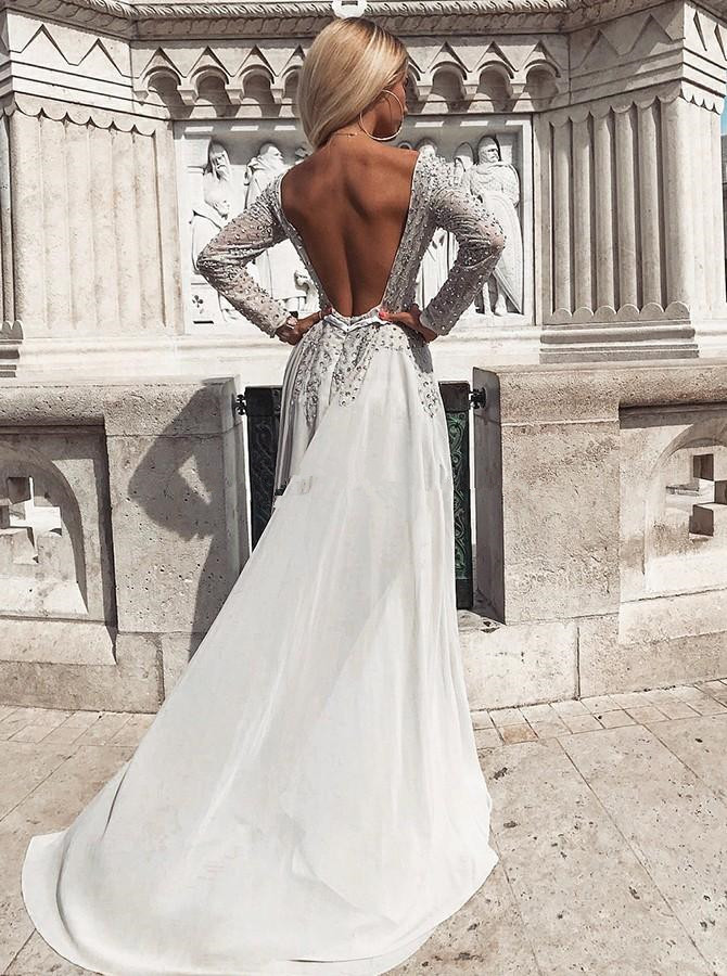 Sexy Backless Prom Dresses Scoop Neck Beaded Formal Evening Gowns Saudi Arabic Beads Long Special Occasion Dress 2019