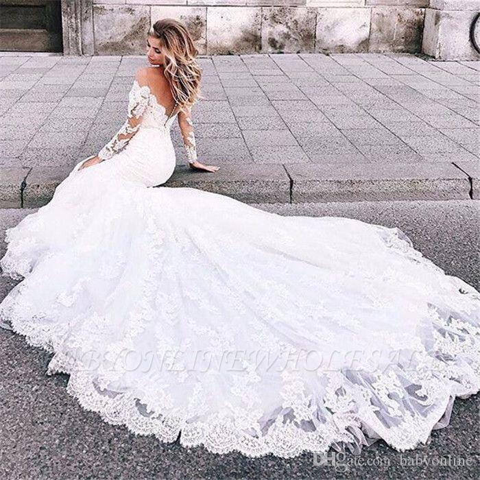 Elegant Romantic Lace Mermaid Dresses Off Shoulder Tulle Sheer Sleeve Appliqued Long Train Wedding Dress Bridal Gowns Bohemian