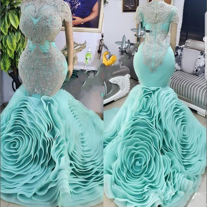 Mint Green Mermaid Prom Dresses Sexy Jewel Neckline Lace Appliques Ruched Ruffles Evening Gowns Short Sleeve Beaded Women Formal Party Dress